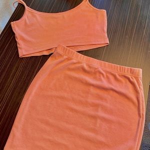 Light pink Shein crop top and mini skirt set